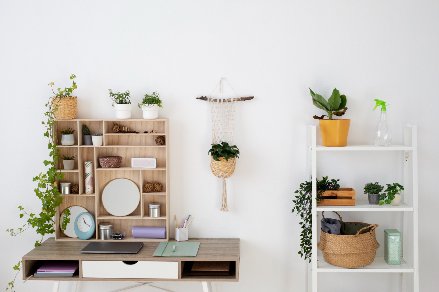 A stylish home office desk with two floating shelves and a vibrant plant, perfect for adding a touch of elegance to your wall decor.