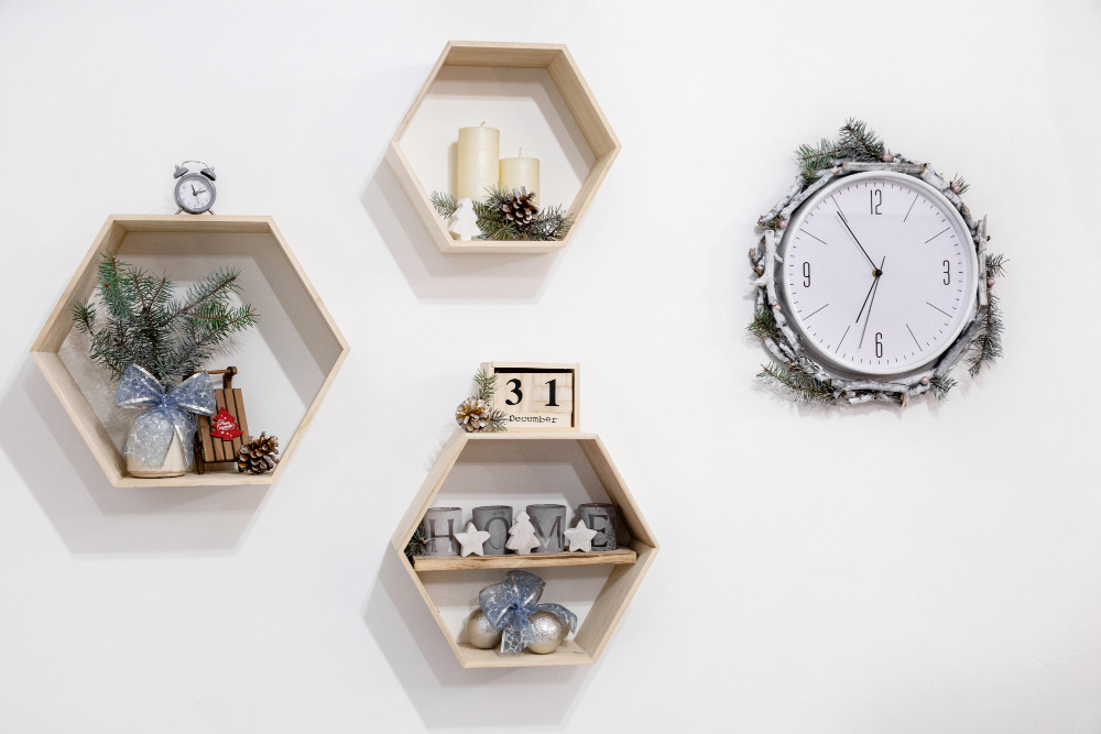 Three wooden shelves adorned with various decorations, including a clock, showcasing inspiring wall decor ideas