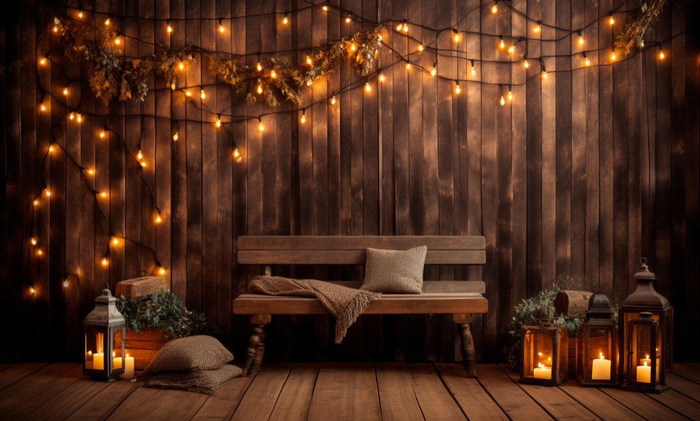 A rustic wooden bench and lanterns adorn a wooden wall, accompanied by string and fairy lights for cozy home decor.