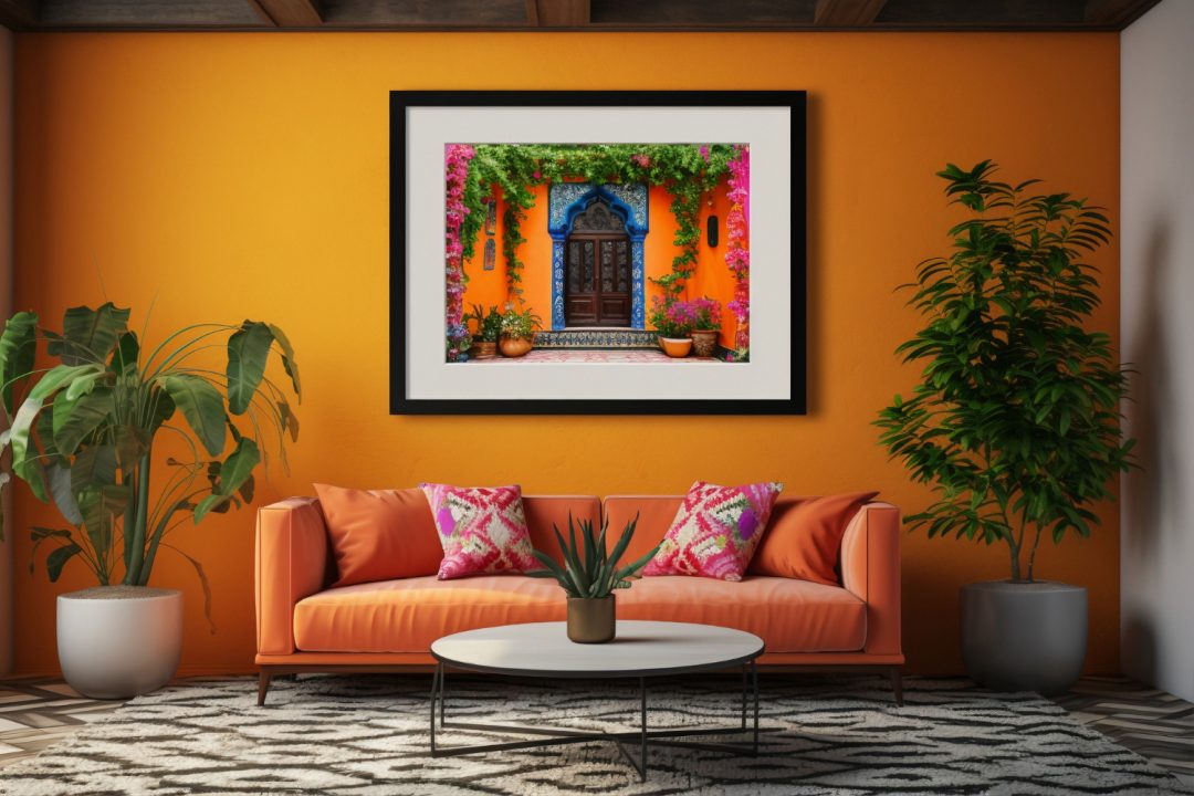 A professionally decorated living room featuring vibrant orange walls and a captivating large painting as the focal point.