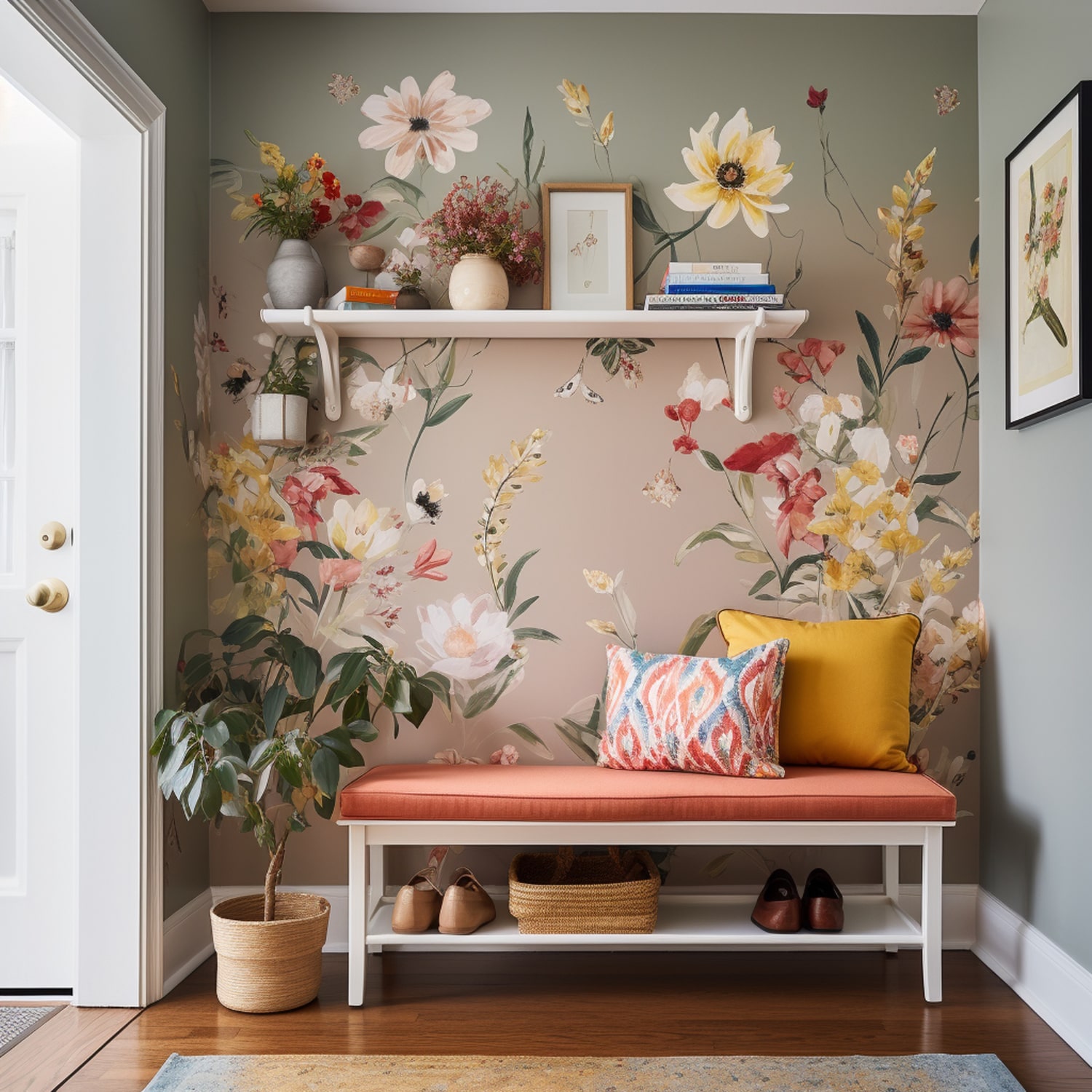 A hallway with a beautiful floral wall mural, featuring vibrant colors and intricate details.