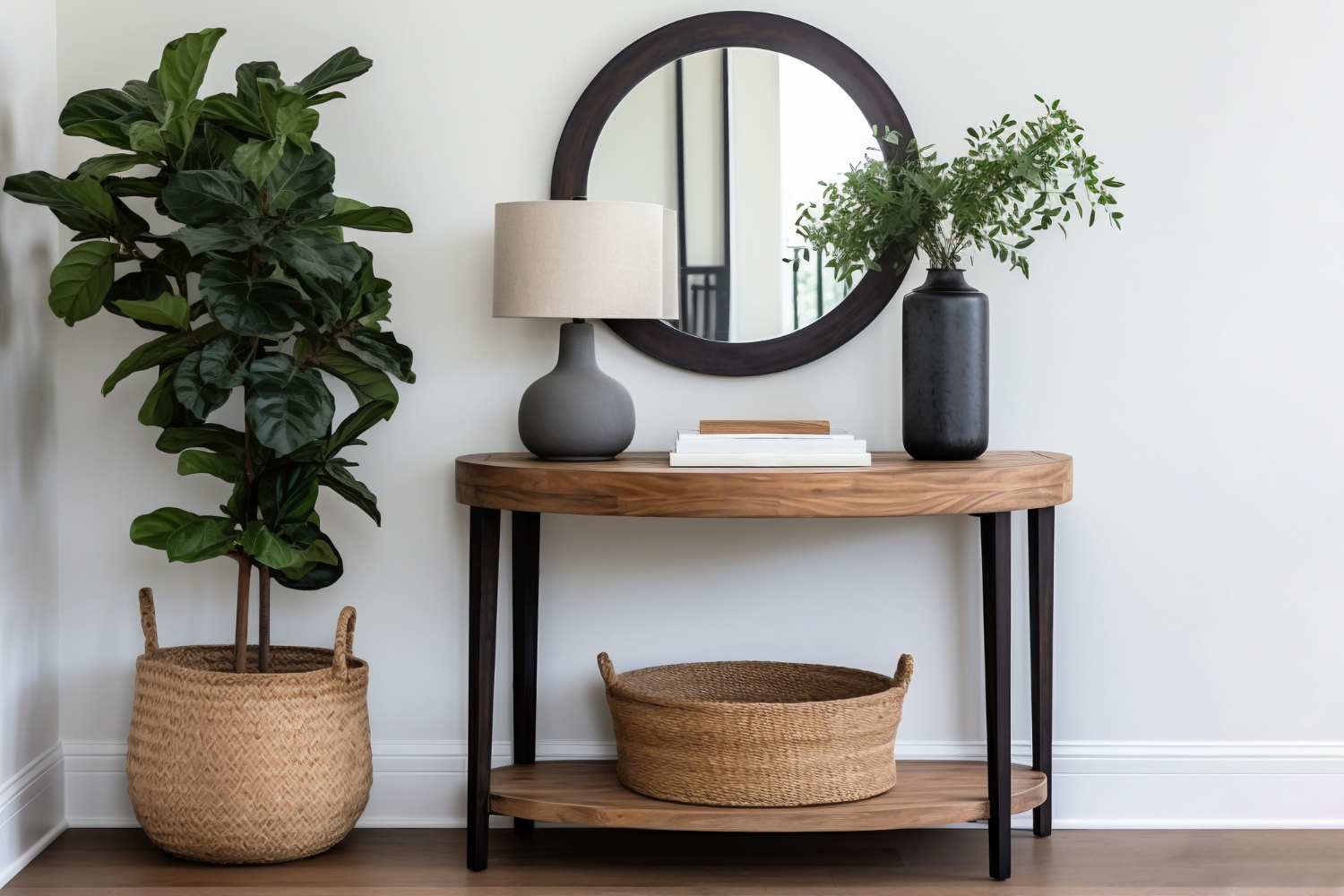 A stylish wooden console table with a mirror and a basket, perfect for adding a touch of elegance to your home decor. #Mirrors #WallDecor #HomeIdeas