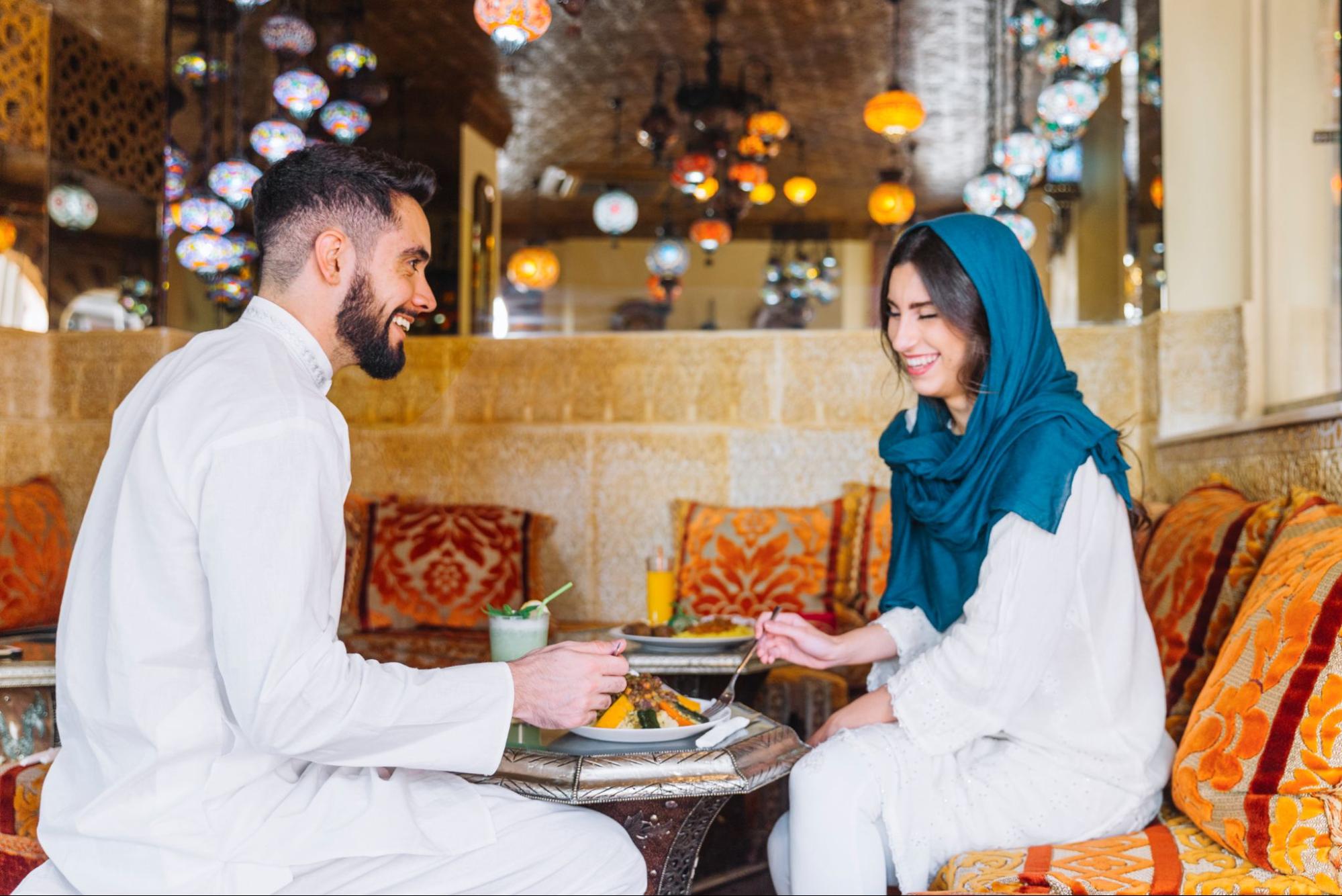 Couple dining in traditional setting, wedding gift