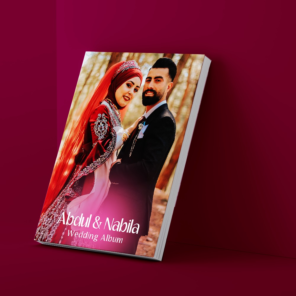 Wedding photo album cover with couple in traditional attire