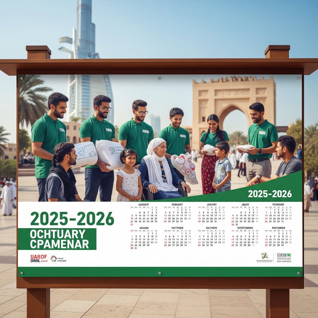 A large wall calendar hangs on a light-colored wall, featuring a collage of photos including a family, a graduation, and a company logo