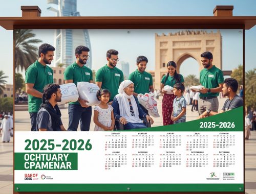 A large wall calendar hangs on a light-colored wall, featuring a collage of photos including a family, a graduation, and a company logo