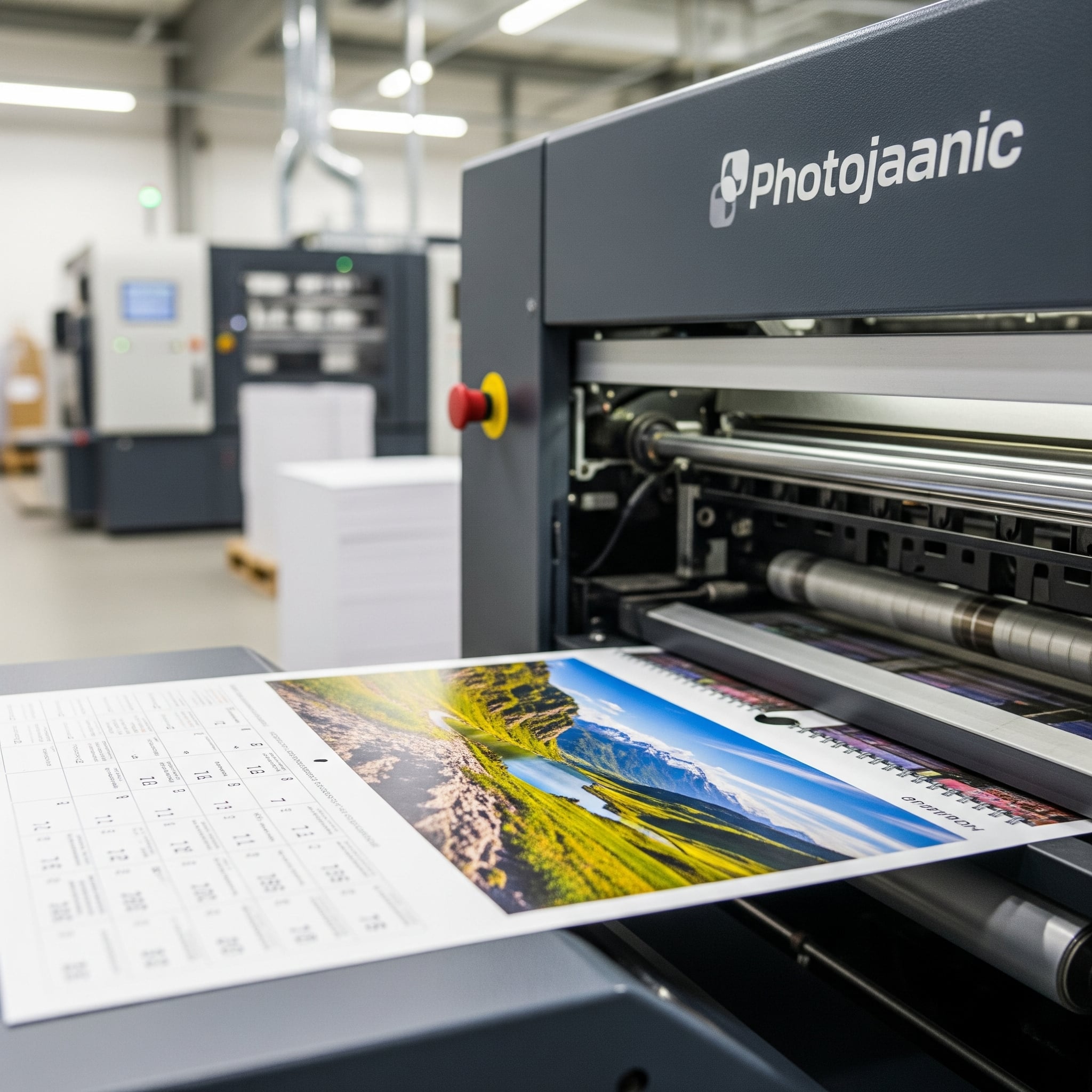 A close-up view of a high-speed printer showing a calendar page with a vibrant photo being printed.