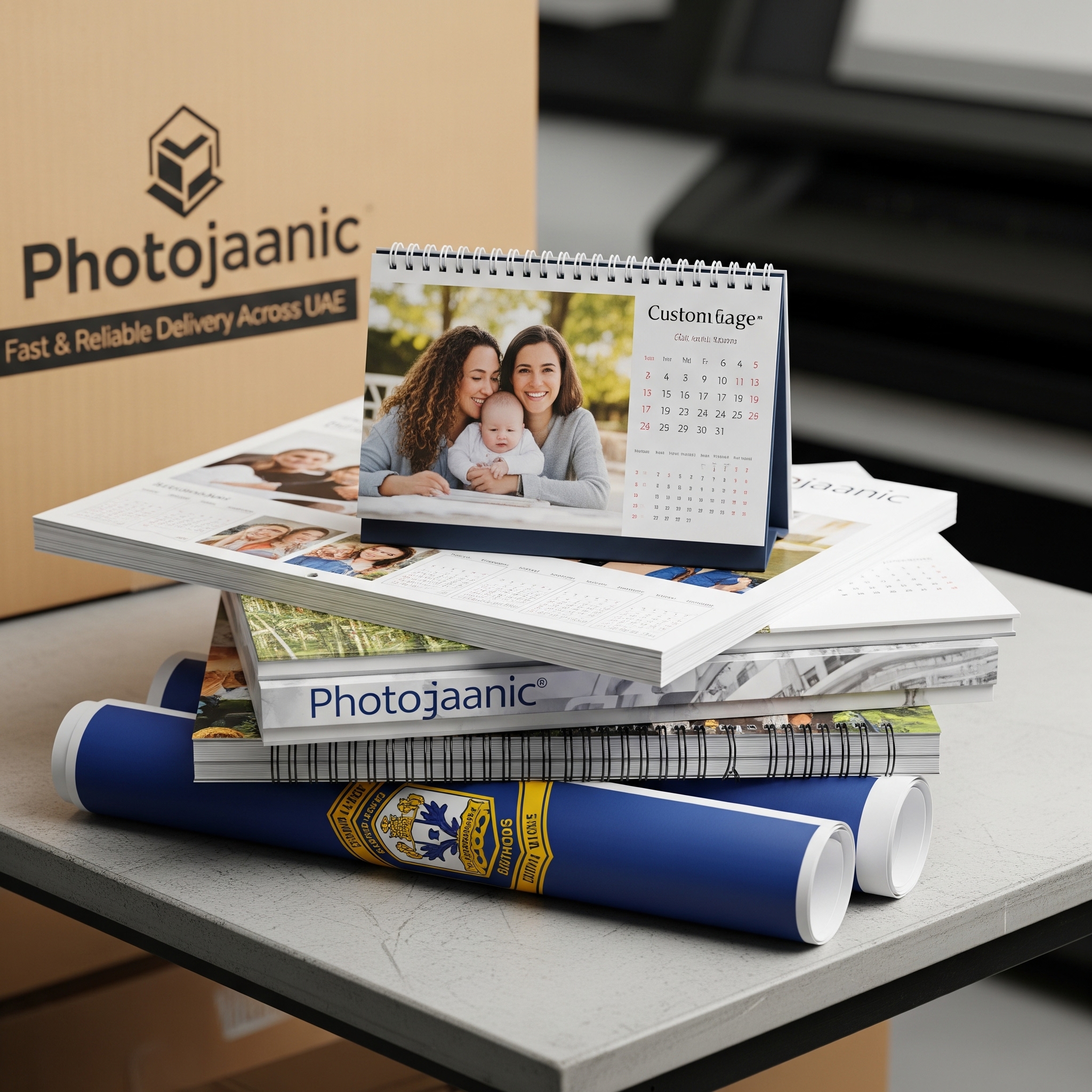 A modern desk calendar with a photo of the Dubai skyline sits on an office desk next to a laptop and a coffee cup.