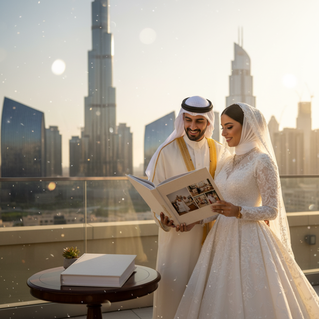 Personalized wedding photobook showcasing intimate couple moments, perfect wedding gift in UAE