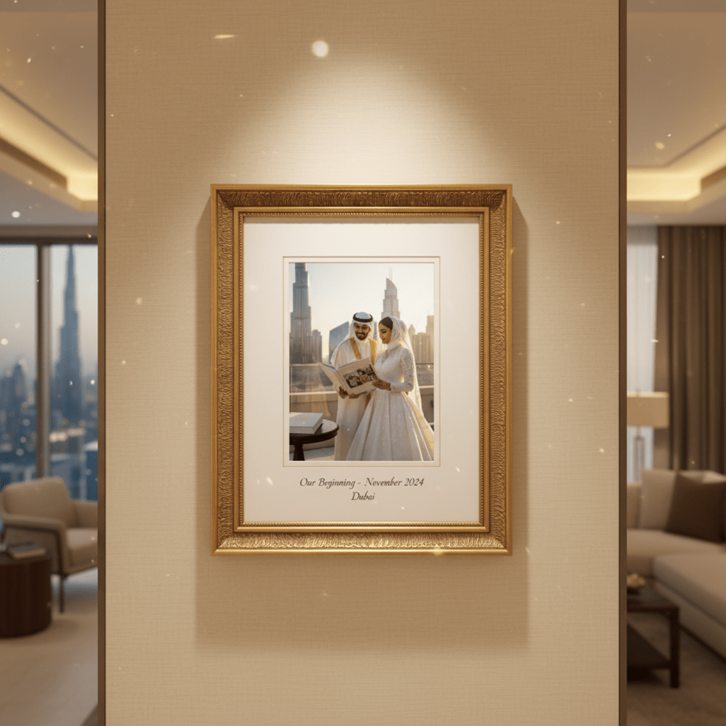 Custom framed wedding photo of a couple in a stylish UAE-inspired living room, showcasing a tender moment with a minimalist frame and modern decor