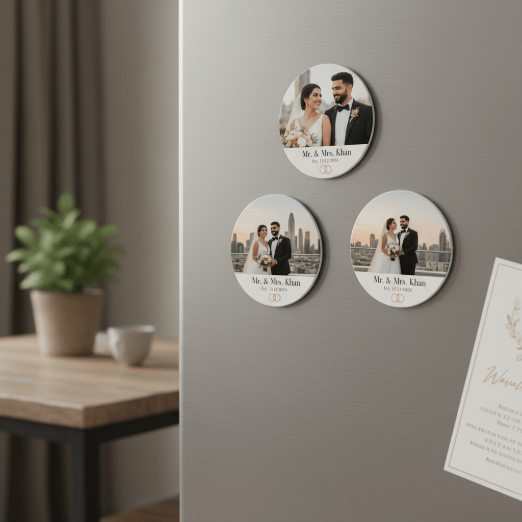 Set of 5 custom photo magnets, personalized with wedding moments, displayed on a fridge in a stylish UAE kitchen