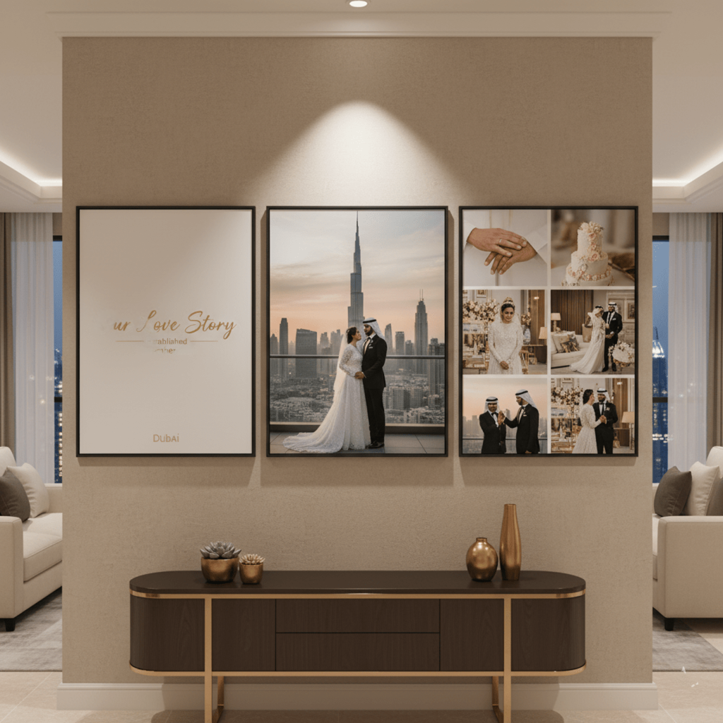 Personalized photo collage featuring wedding memories, displayed in a stylish frame in a modern UAE living room.