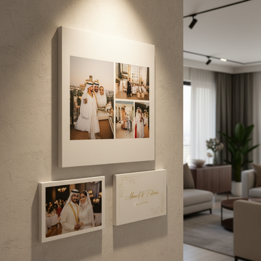 Custom mounted photo print showcasing a couple’s wedding moment, displayed as a focal point in a contemporary UAE home