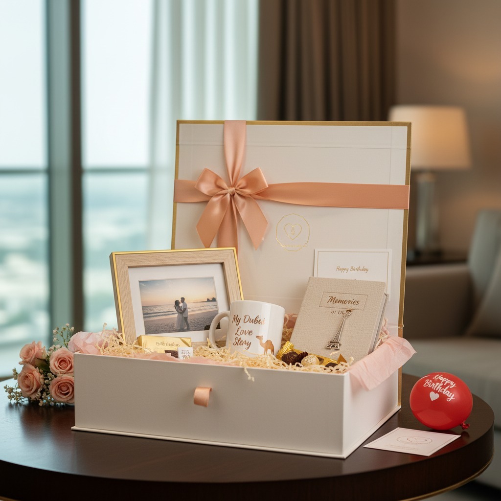 Gift box combo with personalized photo frame, mug, and mini photobook — the perfect romantic gift in UAE