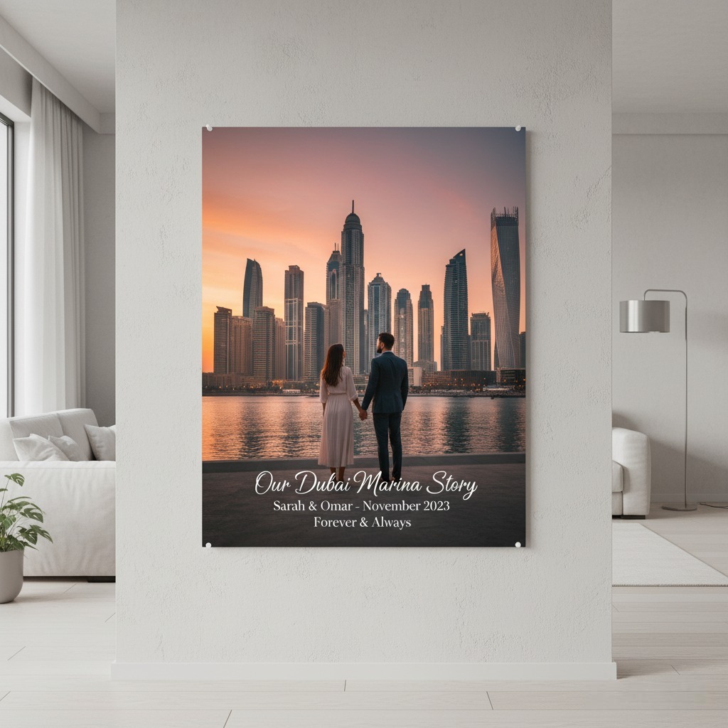 Custom wall poster featuring a couple’s Dubai trip photo with romantic quote — perfect for home décor.