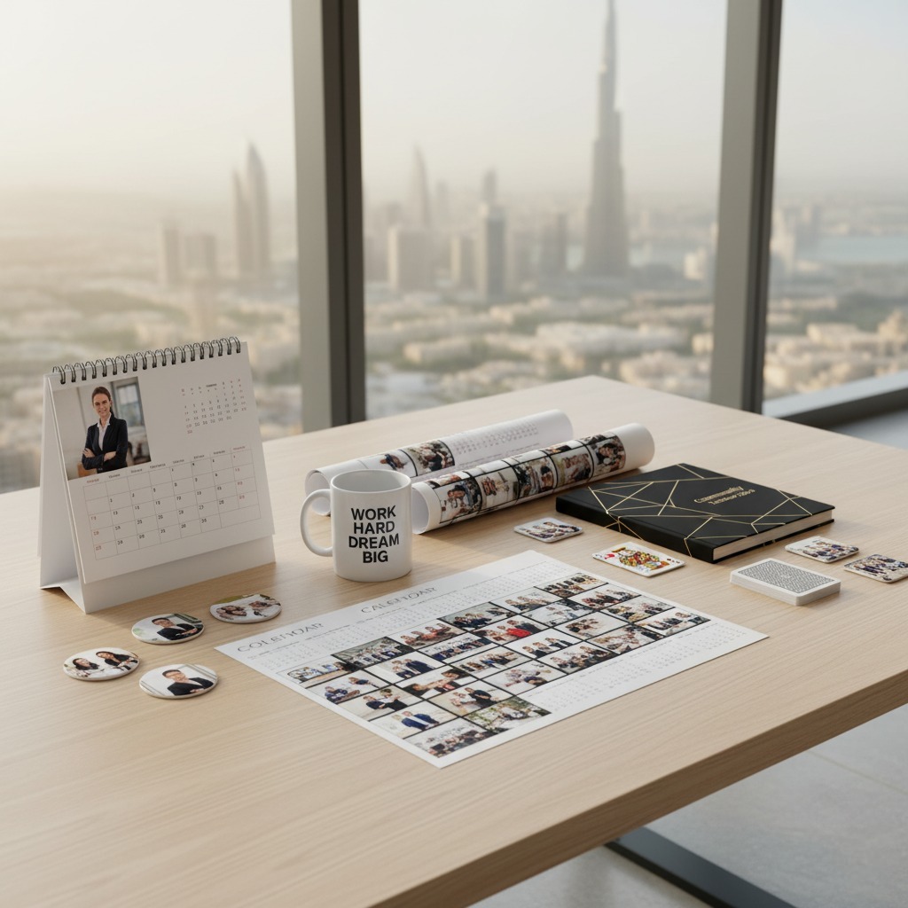 Personalised corporate gifts Dubai – custom mugs, calendars, and frames for businesses by Photojaanic