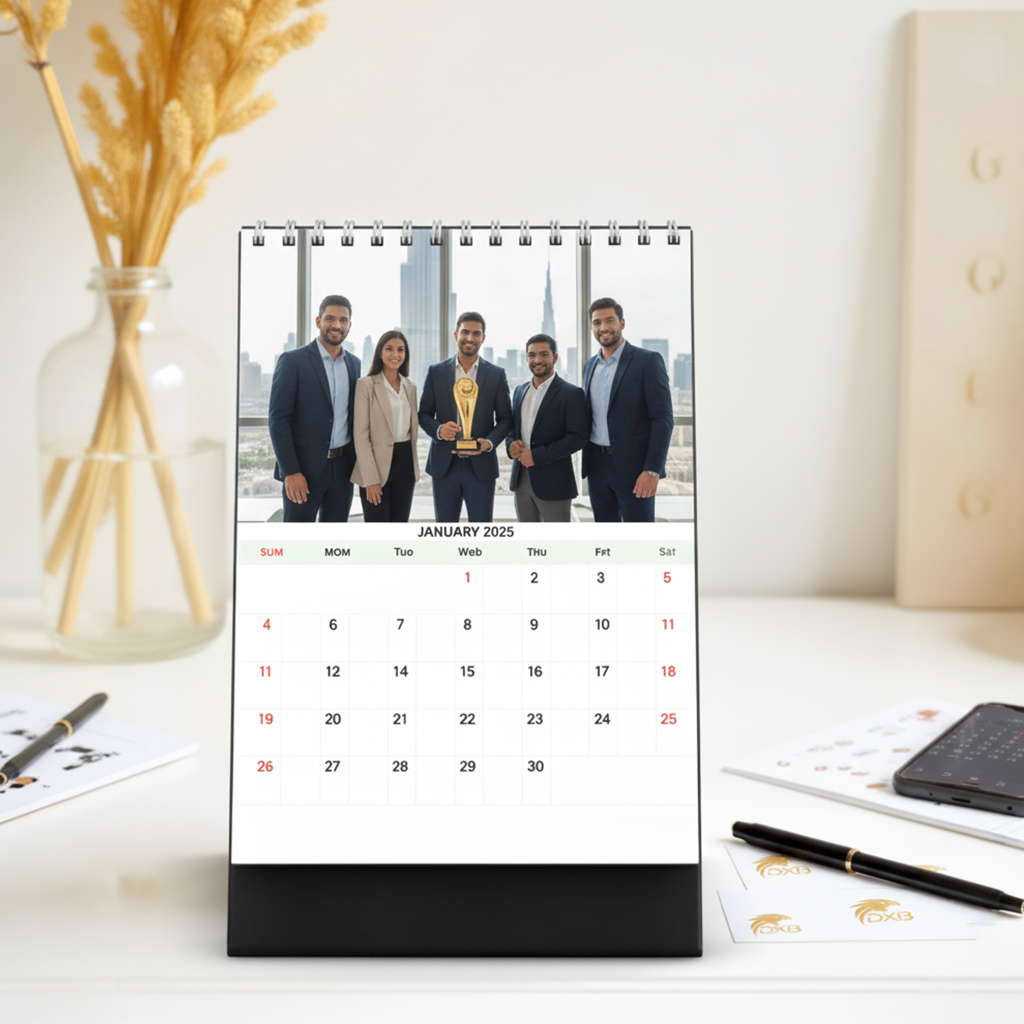 Personalized desk calendar corporate gift Dubai with company logo and team photo