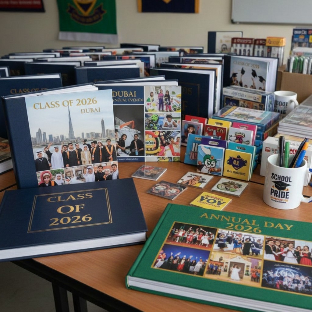 High school graduation gift ideas for boys, featuring a variety of personalized keepsakes like mugs and photo albums for graduation, perfect for Dubai students.