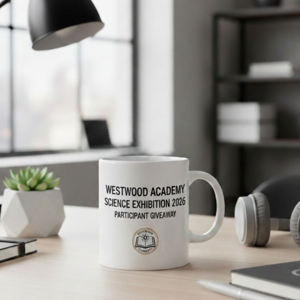 Customized coffee mug for high school graduation gifts for her, featuring the Westwood Academy Science Exhibition 2026 logo as a keepsake gift, perfect for Dubai graduates