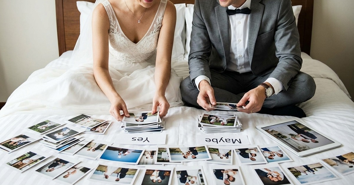 Bride and groom selecting wedding photos for custom wedding album – personalized wedding photobook design with budget-friendly pricing