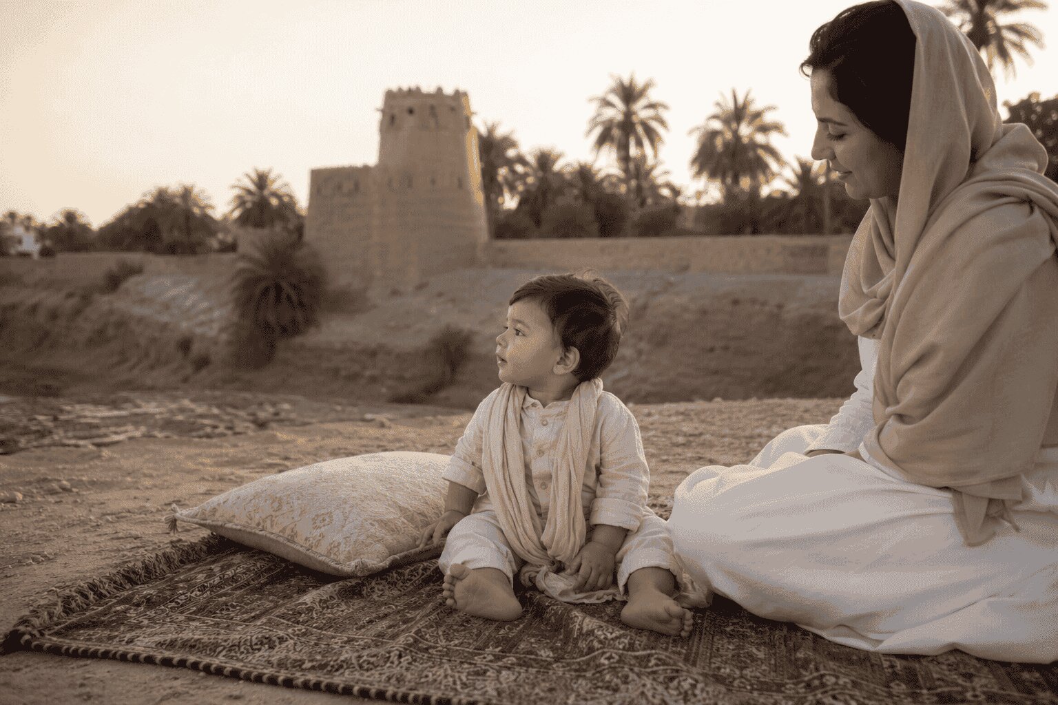 Baby desert photoshoot with Dubai heritage-inspired backdrop